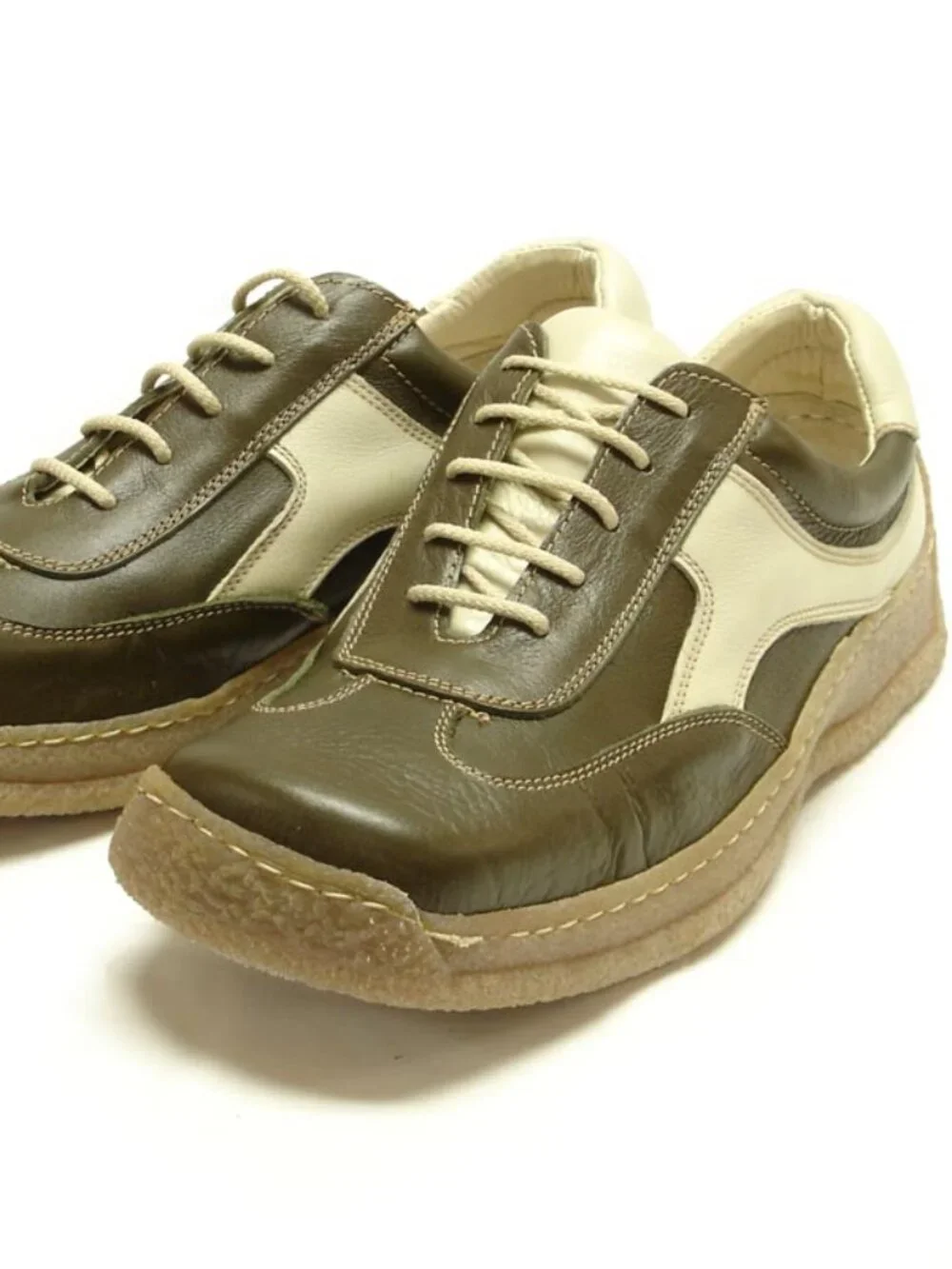 5446 Javier Beige Green Leather Lace up Sneaker Pinosos Made in Spain